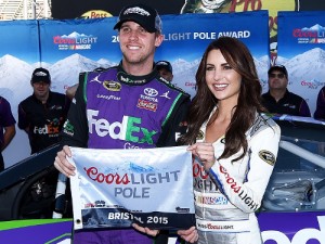Denny Hamlin scored the Coors Light Pole award after qualifying for pole position for Saturday night's NASCAR Sprint Cup Series race at Bristol Motor Speedway.  Photo by Rainier Ehrhardt/NASCAR via Getty Images