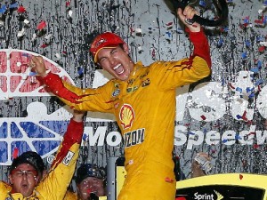 Joey Logano celebrates in victory lane after winning Saturday night's NASCAR Sprint Cup Series race at Bristol Motor Speedway.  Photo by Sean Gardner/Getty Images