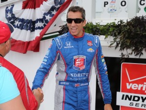 Justin Wilson greets the fans during pre-race festivities for Sunday's Verizon IndyCar Series race at Pocono Raceway.  Wilson passed away Monday night from a head injury he suffered when he was struck by a piece of debris during Sunday's race.  Photo by Chris Jones