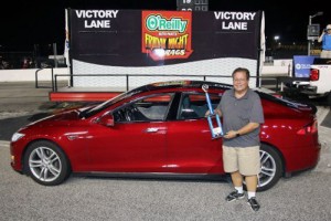 Kirk Pennywitt, seen here from an earlier win, scored his third Friday Night Drags Factory Street division win Friday night driving his 2013 Tesla at Atlanta Motor Speedway.  Photo by Tom Francisco/Speedpics.net