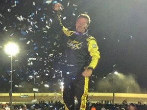 Rick Eckert held off Shane Clanton to win Saturday night's World of Outlaws Late Model Series victory at Winchester Speedway.  Photo courtesy WoO Media