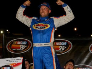 Ryan Partridge celebrates his NASCAR K&N Pro Series West win Saturday night at Colorado National Speedway. Photo by Justin Edmonds/Getty Images for NASCAR