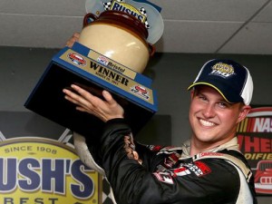 Ryan Preece took home the trophy with a win in Wednesday night's combined NASCAR Whelen Modified and Whelen Southern Modified Tour race at Bristol Motor Speedway.  Photo by Getty Images for NASCAR