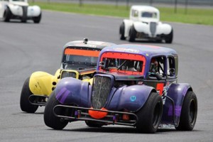 Legends car drivers compete on the infield road course at Atlanta Motor Speedway during Saturday's race.   Photo by Tom Francisco/Speedpics.net
