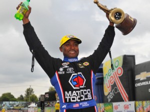 Antron Brown scored the Top Fuel victory in Sunday's finals for the NHRA Midwest Nationals at Gateway Motorsports Park.  Photo courtesy NHRA Media