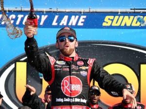 Austin Dillon celebrates in victory lane after winning Saturday's NASCAR Camping World Truck Series race at New Hampshire Motor Speedway.  Photo by Sean Gardner/Getty Images
