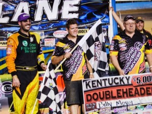 Billy Moyer, Jr. (left) celebrates with his team after sweeping the Southern All Star Dirt Racing Series Kentucky Doubleheader Weekend at Kentucky Late Motor Speedway. Photo by Bruce Carroll