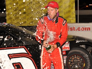 Brandon Setzer celebrates his second CARS Super Late Model Tour win Saturday night at Myrtle Beach Speedway.  Photo by Kyle Tretow