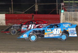 Kyle Bronson (40B) battles with Steve Miller (8S) during the Open Wheel Modified feature.  Bronson would go on to score the win.  Photo courtesy EBRP Media