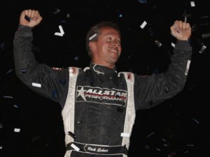 Rick Eckert passed Darrell Lanigan midway through Saturday night's World of Outlaws Late Model Series feature at Berlin Raceway and pulled away to his fourth series win of the season. Photo by Steve Schnars