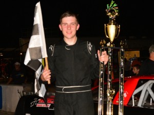Ryan Luza, seen here from an earlier win, swept both Pro Late Model features Friday night at Five Flags Speedway. Photo by Fastrax Photos/Tom Wilsey/Loxley, AL