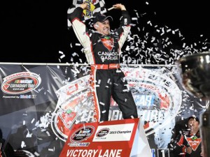 Scott Steckly celebrates winning his fourth NASCAR Canadian Tire Series championship Saturday night at Ontario's Kawartha Speedway. Photo by Matthew Manor/Getty Images for NASCAR
