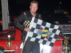Wayne Niedecken, Jr. scored the Pro Late Model victory in a borrowed car Saturday night at Mobile International Speedway, wrapping up the division championship in the process.  Photo by Eddie Richie/Turn One Photos/Loxley, AL