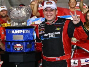 Andy Seuss celebrates after winning the 2015 NASCAR Whelen Southern Modified championship Thursday night at Charlotte Motor Speedway.  Photo by Getty Images for NASCAR