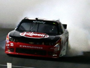 Austin Dillon celebrates with a burnout after winning Friday night's NASCAR Xfinity Series race at Charlotte Motor Speedway.  Photo by Sarah Crabill/Getty Images