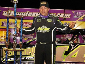 Chris Madden celebrates in victory lane after winning Saturday night's Ultimate Super Late Model Series feature at Cochran Motor Speedway.  Photo by Richard Barnes Photography/Courtesy USLMS