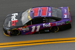 Denny Hamlin drives the No. 11 FedEx Freight Toyota after reparing the roof flap during Sunday's NASCAR Sprint Cup Series race at Talladega Superspeedway.  Photo by Tom Pennington/Getty Images