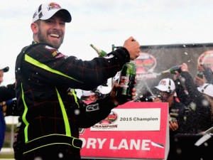 Doug Coby celebrates after winning the 2015 NASCAR Whelen Modified Tour championship after he won Sunday's season finale at Thompson Speedway Motorsports Park.  Photo by Billy Weiss/Getty Images for NASCAR