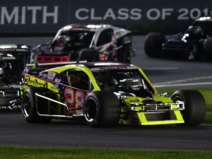 George Brunnhoelzl III leads the field en route to the NASCAR Whelen Modified Tour victory Thursday night at Charlotte Motor Speedway.  Photo by Getty Images for NASCAR