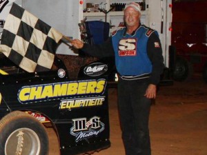 Lamar Scoggins celebrates in victory lane after dominating Saturday night's Steel Head Late Model feature at Cleveland Speedway.  Photo by Ronnie Barnett/The Photo Man
