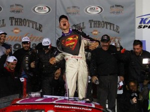 Mason Mitchell celebrates winning Friday night's ARCA Racing Series finale at Kansas Speedway.  Photo courtesy ARCA Media