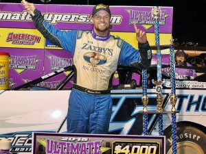 Montana Dudley celebrates in victory lane after winning Friday night's Ultimate Super Late Model Series feature at Cochran Motor Speedway. Photo by Richard Barnes Photography/Courtesy USLMS