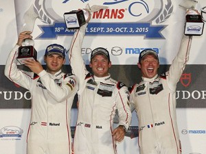 Richard Lietz, Nick Tandy and Patrick Pilet celebrate the overall victory in Saturday night's Petit Le Mans at Road Atlanta.  Photo by Michael L. Levitt LAT Photo USA