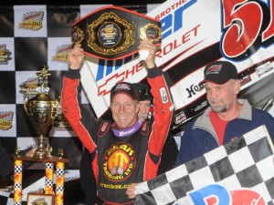 Stevie Smith celebrates in victory lane after winning the rain delayed National Open for the World of Outlaws Sprint Car Series at Williams Grove Speedway Sunday night.  Photo by WRT Speedwerx.Moran