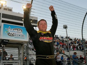Tommy Lemons, Jr. celebrates after winning Sunday's Valley Star Credit Union 300 Late Model Stock race at Martinsville Speedway.  Photo by Getty Images for NASCAR