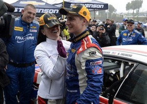 Trent Hindman and Ashley Freiberg celebrate their victory in Friday's Continental Tire SportsCar Challenge season finale at Road Atlanta.  Photo by Scott R LePage LAT Photo USA