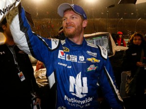 Dale Earnhardt, Jr. celebrates on pit road after winning the rain-shortened NASCAR Sprint Cup Series race Sunday night at Phoenix International Raceway.  Photo by Jonathan Ferrey/Getty Images