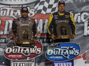 Donny Schatz (left) was crowned World of Outlaws Sprint Car Series champion Sunday night, while Shane Clanton (right) wrapped up the World of Outlaws Late Model Series title over the weekend. Photo courtesy WoO Media