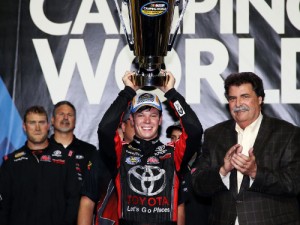 Erik Jones celebrates after winning the NASCAR Camping World Truck Series during the season finale at Homestead-Miami Speedway.  Photo by Sean Gardner/NASCAR via Getty Images