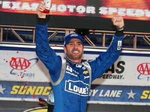 Jimmie Johnson celebrates in victory lane after winning Sunday's NASCAR Sprint Cup Series race at Texas Motor Speedway.  Photo by Tim Bradbury/Getty Images