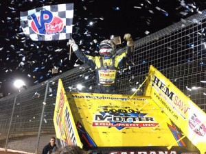 Joey Saldana scored the win in the World of Outlaws Sprint Car Series season finale Sunday night at The Dirt Track at Charlotte. Photo courtesy WoO Media