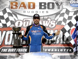 Jonathan Davenport celebrates in victory lane after winning Sunday's World of Outlaws Late Model Series World Finals at The Dirt Track at Charlotte. Photo courtesy WoO Media