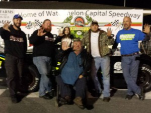 Stuart Dutton and his team celebrate in victory lane after winning Saturday's Outlaw Late Model season finale at Watermelon Capital Speedway.  Photo courtesy Stuart Dutton