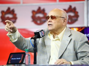 Speedway Motorsports Inc. owner/CEO Bruton Smith speaks to the media at Texas Motor Speedway on April 11, 2013.  Smith will be inducted into the NASCAR Hall of Fame on Friday night.  Photo by Ronald Martinez/Getty Images for Texas Motor Speedway