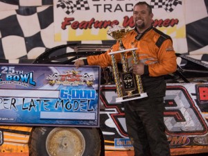 David Brannon celebrates his victory in Sunday's 25th Annual Ice Bowl at Talladega Short Track. The win was worth $6,000 to the Tennessee racer. Photo by Bruce Carroll/NeSmith Media