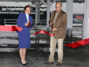 ISC CEO Lesa France Kennedy and ISC Chairman Jim France cut the ribbon to open the newly remodeled Daytona International Speedway Wednesday.  Photo: Daytona International Speedway