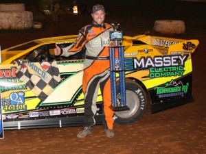 Donald McIntosh celebrates after winning his second straight Hangover 40 Friday night at 411 Motor Speedway. Photo by Nv-UsPhoto.com