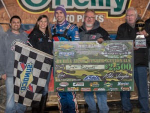 Josh Richards celebrates with his crew after his first career NeSmith Chevrolet Dirt Late Model Series win on Friday night at Bubba Raceway Park.  Photo by Bruce Carroll/NeSmith Media