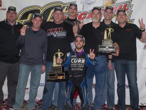 Rico Abreu celebrates in with his crew after winning his second straight Chili Bowl Nationals at Tulsa Expo Raceway Saturday night.  Photo by Patrick Grant