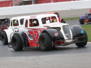 Robbie Woodall leads the pack off turn two en route to his second straight Masters/Pro Legends victory Saturday in Winter Flurry action at Atlanta Motor Speedway.  Photo by Tom Francisco/Speedpics.net