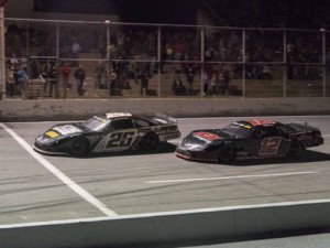 Bubba Pollard (26) edges out Harrison Burton (12) at the finish line to take the SpeedFest 2016 victory. Photo by Matthew Bishop/Race22.com