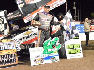 Donny Schatz celebrates in victory lane after winning Thursday night's Arctic Cat All Star Circuit of Champions feature as part of the DIRTcar Nationals at Volusia Speedway Park.  Photo: DIRTcar Nationals Media