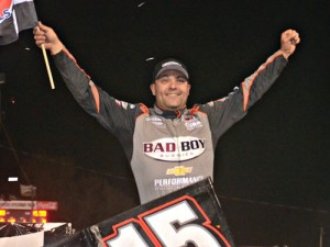 Donny Schatz, seen here from an earlier victory, took the win in Saturday' night's World of Outlaws Craftsman Sprint Car Series season finale at The Dirt Track at Charlotte.  Photo: DIRTcar Nationals Media