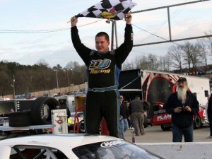 Joey Doiron celebrates in victory lane after coming back from a three lap deficit to score the win in the PASS South Super Late Model Series Winter Meltdown 150 at Greenville-Pickens Speedway Saturday afternoon. Photo by Laura / LWpictures.com