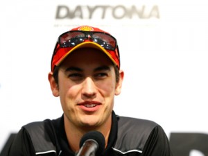 Joey Logano speaks at a press conference on Friday at Daytona International Speedway.  Logano was fastest in Saturday's second Daytona 500 practice session.  Photo by Jonathan Ferrey/NASCAR via Getty Images