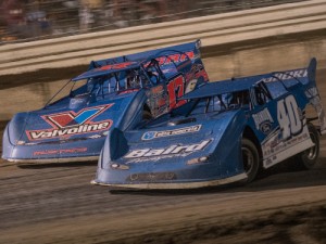 Kyle Bronson (40) and Josh Richards (17) battled side-by-side during Saturday afternoon's NeSmith Chevrolet Late Model Series event at Bubba Raceway Park, with Bronson coming away with the win. Photo by Bruce Carroll/NeSmith Media